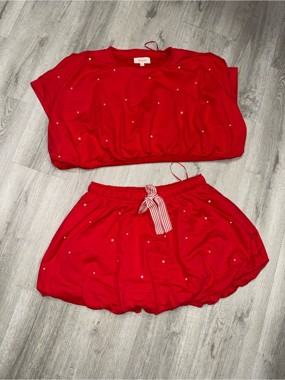 Peach Love California Red Pearl-Accented Two-Piece Skirt Set